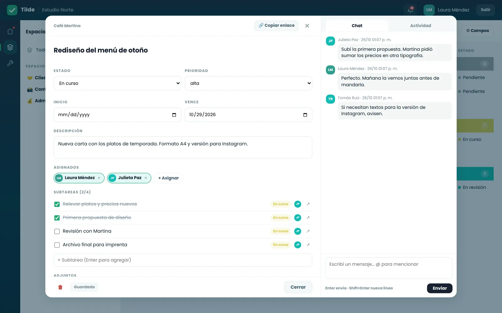 Ficha de una tarea con subtareas y comentarios